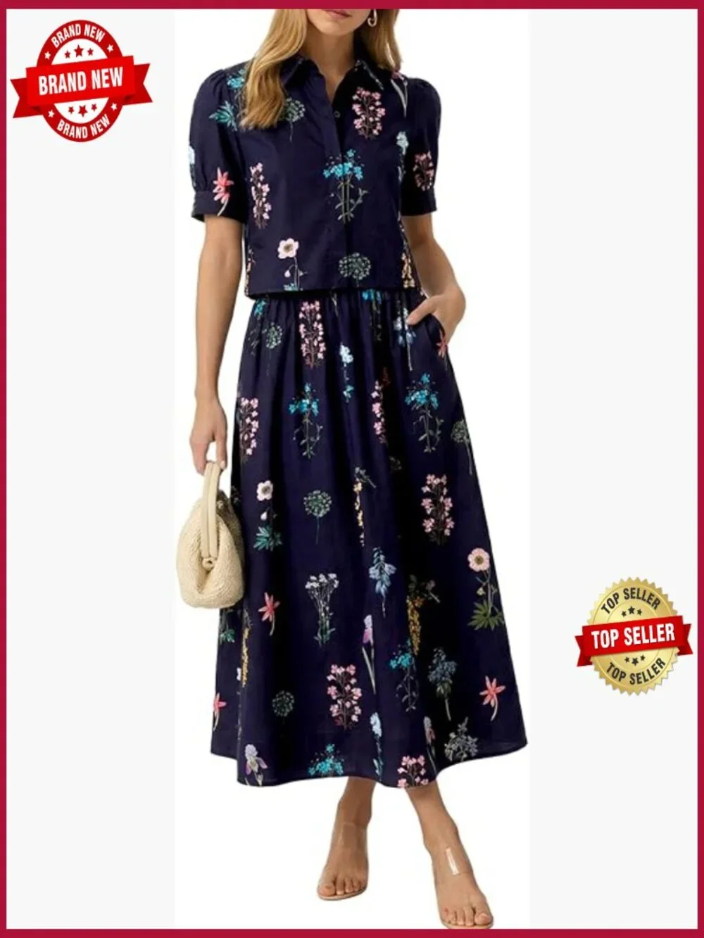 2 Piece Floral Skirt Set Puff Sleeve Blouse Elastic Waist Matching Vacation